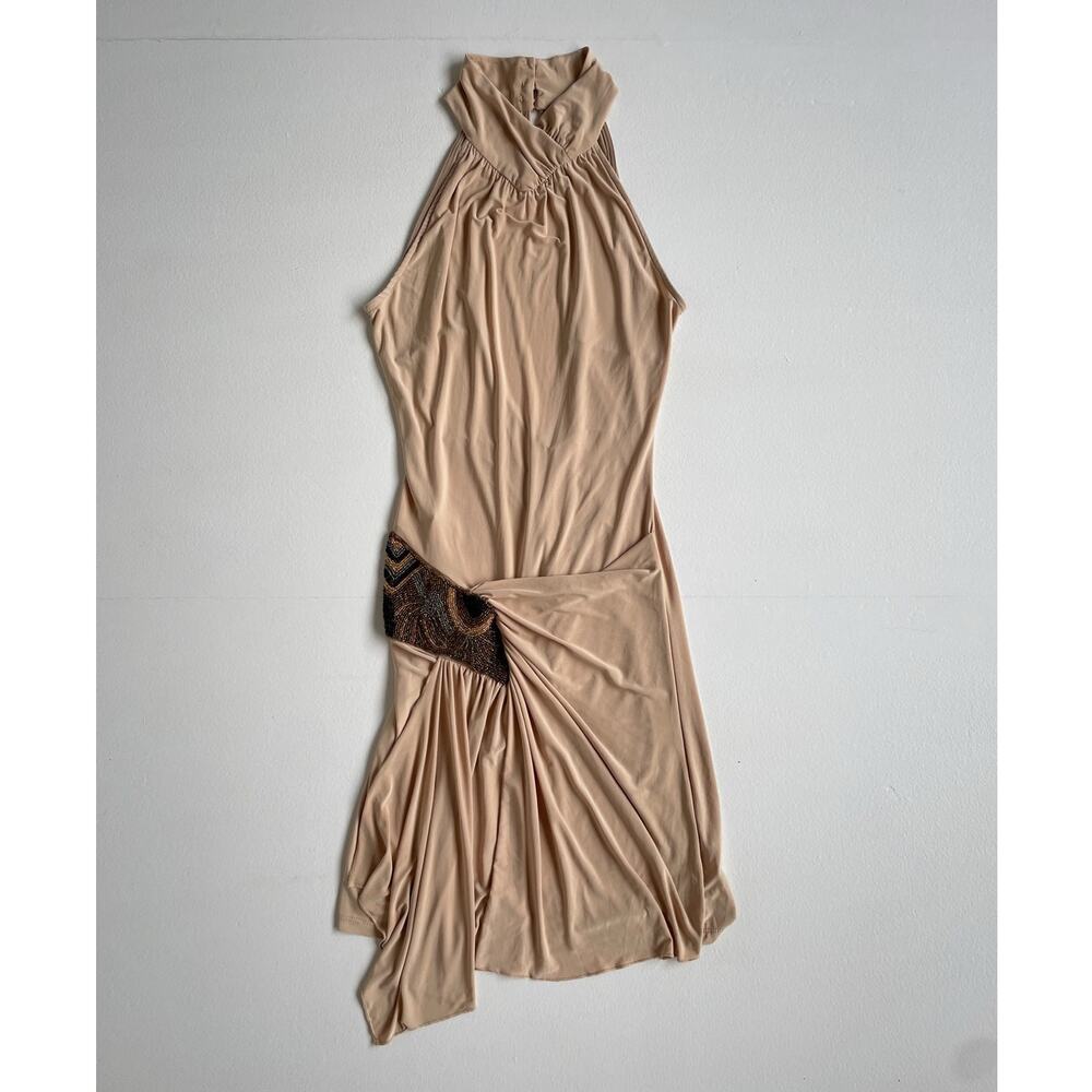 Vtg Y2K Tan Sleeveless Bodycon Beaded Boho Fairy Dress / XL / Euro Going Out